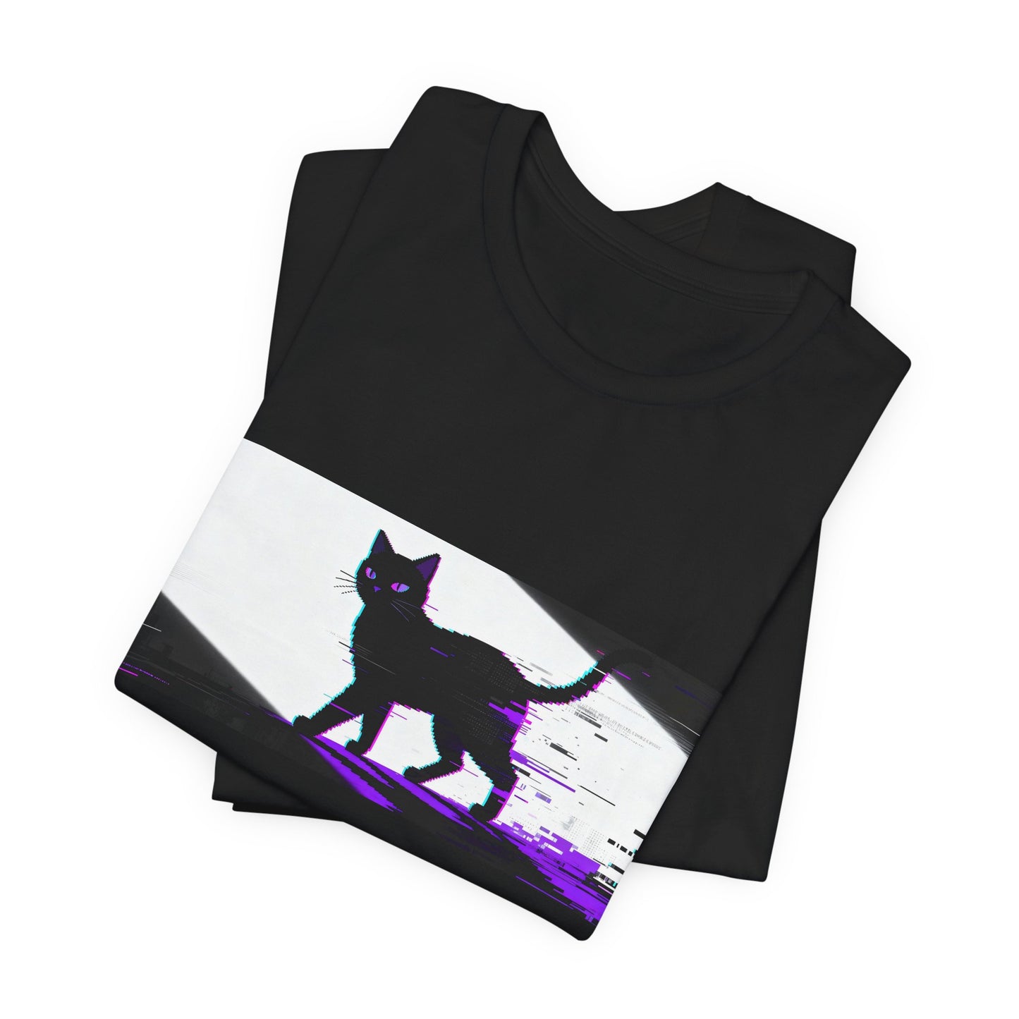 Glitch Black Cat Graphic Tee — Retro Cyberpunk Cat Silhouette T-Shirt