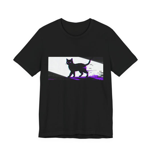 Glitch Black Cat Graphic Tee — Retro Cyberpunk Cat Silhouette T-Shirt